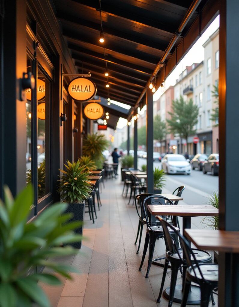 Visible HALAL signs on outside of cafe with outdoor seating