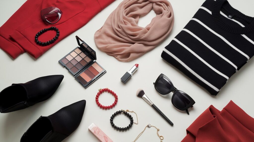 A flat lay of red and black clothes and accessories