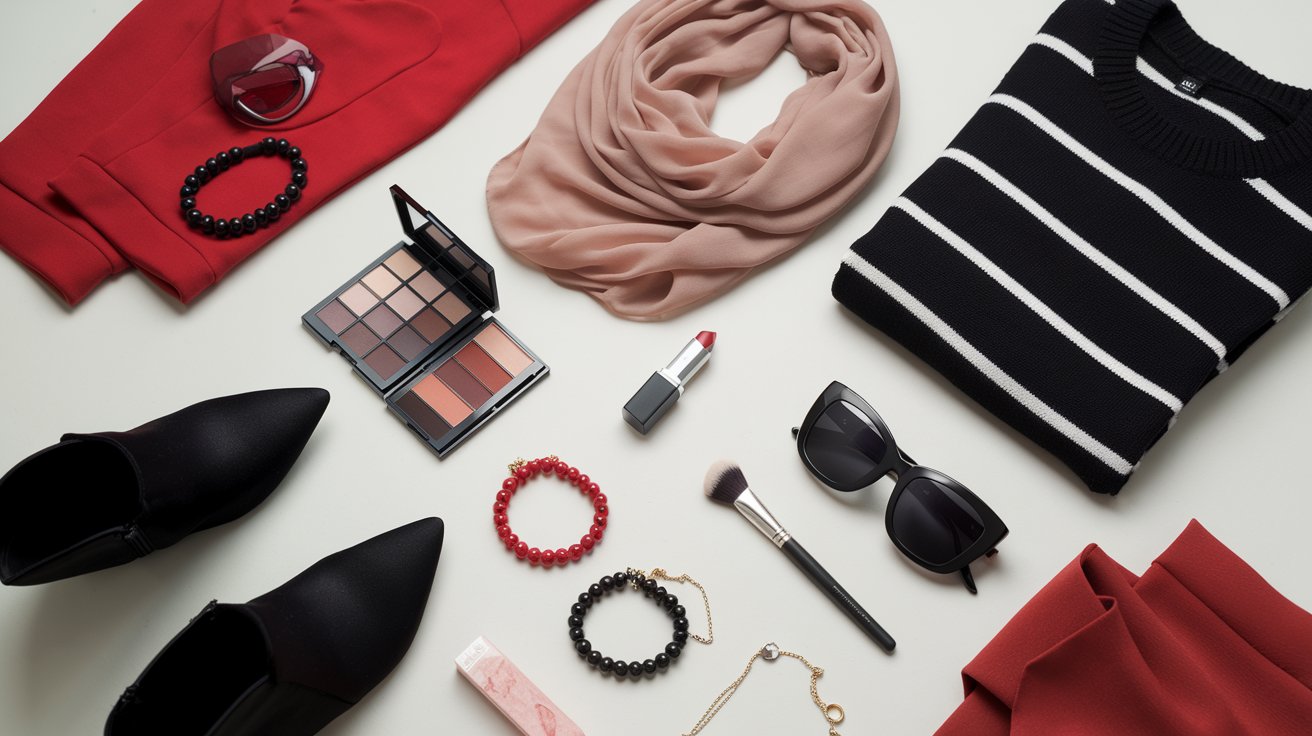 A flat lay of red and black clothes and accessories