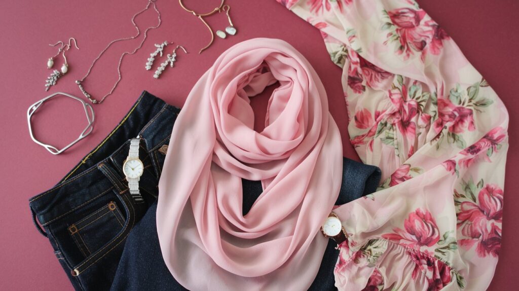 AI generated flat lay photography showing floral top, pink hijab and dark denim against pink background