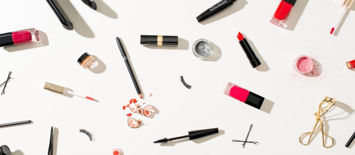 Beauty Flat lay of various beauty and makeup products